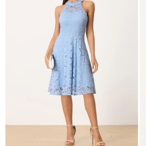 Lace Halter Neck Sleeveless Elegant Cocktail A-Line Light Blue Women Dres Size M